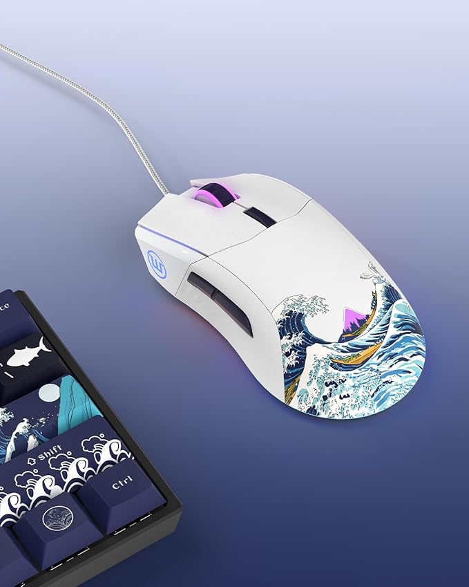 Womier G705 USB Wired Gaming Mouse for PC Computer Windows Mac Laptop, Lightweight Silent RGB Backlit Mouse with Adjustable 12000DPI/7 Programmable Side Buttons,White Kanagawa Theme
