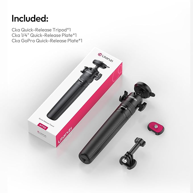 ULANZI MT90 Tripod Selfie Stick Vlog Stand with Cka Quick Release w Ballhead w Cold Shoe, Camera Desktop Tripod Handle Grip for GoPro Hero, Insta360, DJI Osmo Pocket/Action/360, Small Cameras