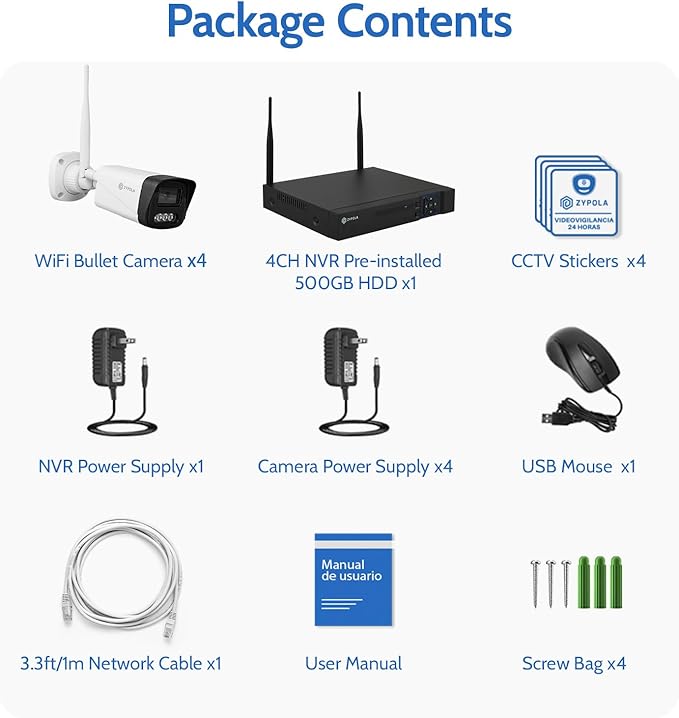 Zypola® Wireless Security Camera System, 4CH NVR with 4 WiFi Outdoor Cameras and 500GB HDD, 1080P Full HD Video, Color Night Vision, Human Motion Detection, Weatherproof for Home Business