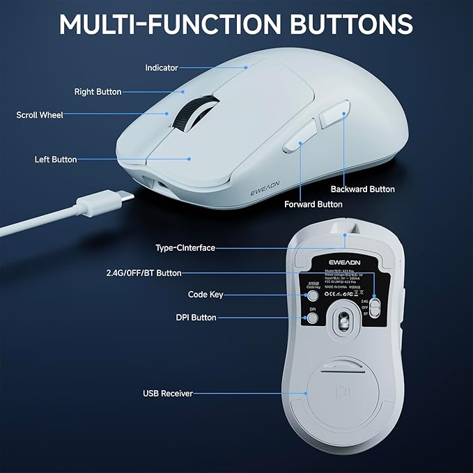 X23Pro Wireless Gaming Mouse, 2.4G/BT5.0/USB-C Esports Gaming Mouse, 800mAh Rechargeable Lightweight Mouse Gaming, 12000 DPI Wireless Mouse with 6 Programmable Buttons,for Laptop/PC/Mac, White
