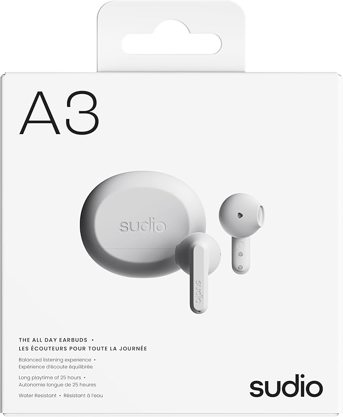 Sudio A3 All-Day Wireless Earbuds – 25H Playtime, Bluetooth 5.4, Sweat & Splashproof, Balanced Sound, Clear Calls with Enhanced Mics, USB-C Charging, Made from Recycled Plastics (White)