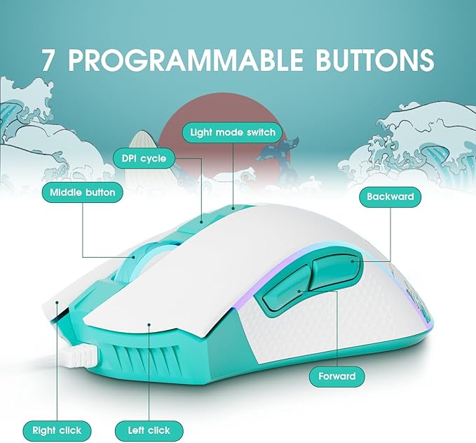 XVX Wired Gaming Mouse, 12000 DPI RGB Mouse with 12 Backlit Modes & 7 Macro Buttons, PC Gaming Mice Support DIY Keybinding, Gamer Computer Mice for Laptop PC Mac Windows, Coral Sea