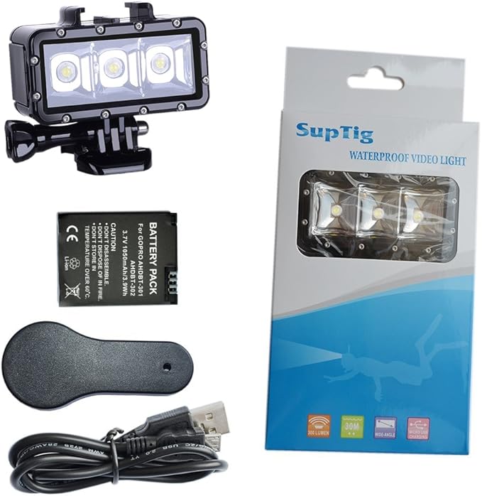Suptig Diving Light - Waterproof Underwater Light for Gopro Hero 13/12/11/10/9/8/7/6/5/4/3/3+/Session/AKASO/DJI Osmo - 147ft (45m)