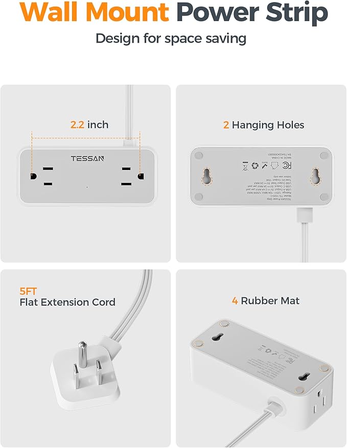 TESSAN Flat Plug Extension Cord 5 FT, Surge Protector Power Strip with 4 AC Outlets 1 USB C and 2 USB A Ports, 900 Joules Protection, Multiple Wall Outlet Extender Suitable for Home Office Dorm