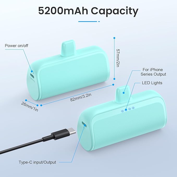 Mini Portable Charger Power Bank for iPhone,5200mAh Portable Phone Charger, Ultra-Compact PD Fast Charging Battery Pack Compatible with iPhone 14/14 Plus/Pro Max/13/12/12 Mini/11/XS/XR/X/8/7/6/6s