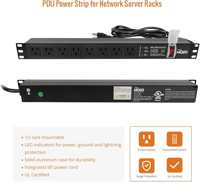 Tecmojo 1U Rack-Mount Horizontal 8-Outlet Power Strip UL Listed PDU with Surge Protection LED Indicators 6ft Cord Power Distribution for IT and Network Server Racks