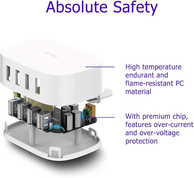 USB Charging Station 4 Port - BULL USB Charger Block Multiple, Wall Charger Cable White 6ft Charging Hub for Multiple Devices (ULlisted)