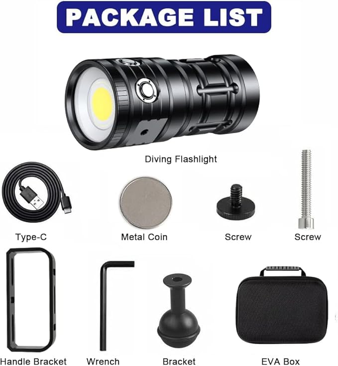 Dive Light for Underwater Photography, 4500 Lumens Super Bright Diving Flashlight, 100M Waterproof Underwater Video Light with Type-C Charging, Professional for Underwater Lighting