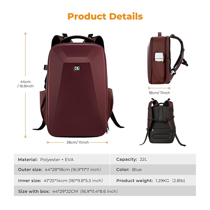 K&F Concept Camera Backpack,Hardshell Photography DSLR Camera Bag with 15-15.6 Inch Laptop Compartment Waterproof Hard Shell Camera Case Compatible with Canon/Nikon/Sony/DJI Mavic Drone