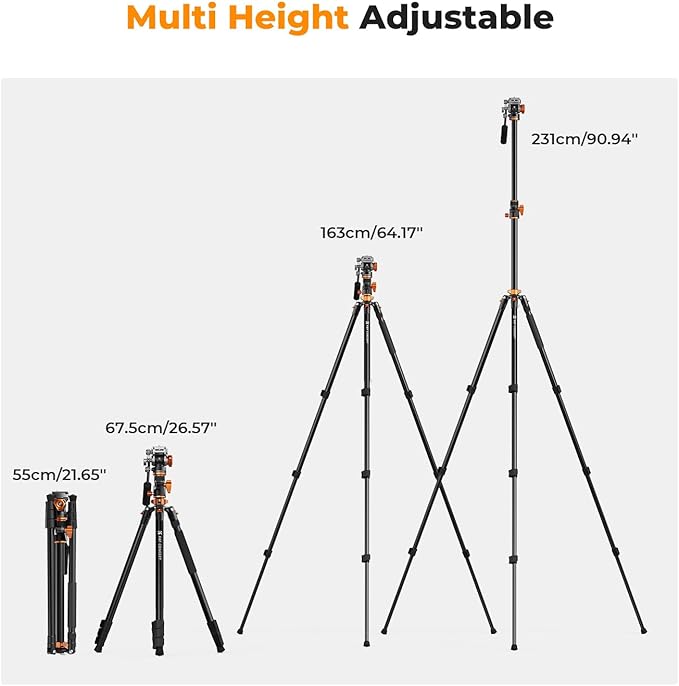 K&F CONCEPT 90''/230cm Overhead Camera Tripod, Horizontal Shooting Video Tripods with Fluid Head Heavy Duty 10KG Load Capacity, Detachable Monopod, for Indoor and Outdoor Use T254A7+FH-03