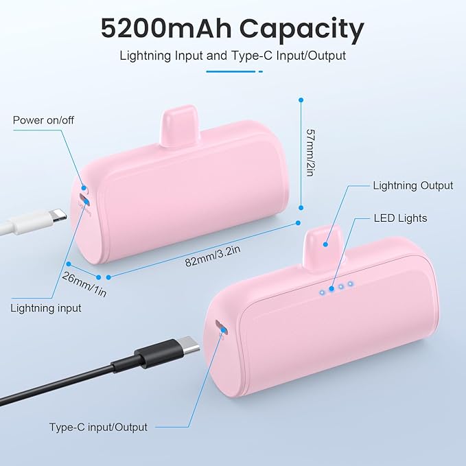 Mini Portable Charger Power Bank for iPhone,5200mAh Portable Phone Charger, Ultra-Compact PD Fast Charging Battery Pack Compatible with iPhone 14/14 Plus/Pro Max/13/12/12 Mini/11/XS/XR/X/8/7/6/6s