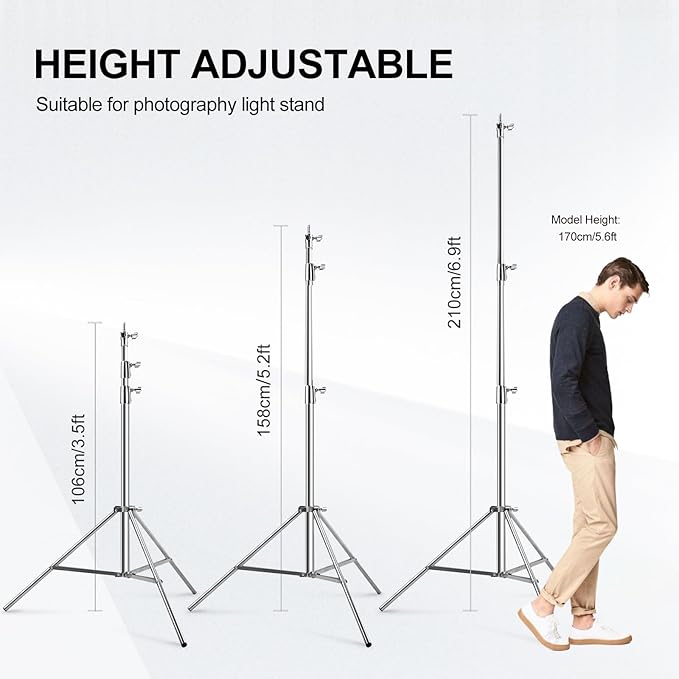 BEIYANG 6.5Ft Stainless Steel Photography Light Stand, Heavy Duty Spring Cushioned Tripod Stand with 1/4" to 3/8" Screw Adapter for Strobe Lights, LED Video Lights, Ring Lights, Monolights, Softboxes