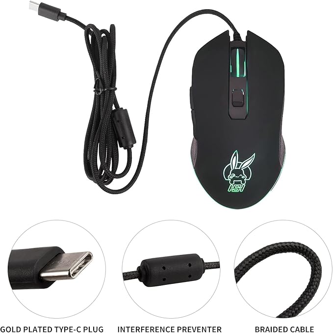 Wired USB C Gaming Mouse, Silent RGB Gaming Mice 7 Colors Backlit, 2400 DPI, Type C RGB Wired Mouse Gaming for Office Home PC and Notebook and All Type-C Device (Black)