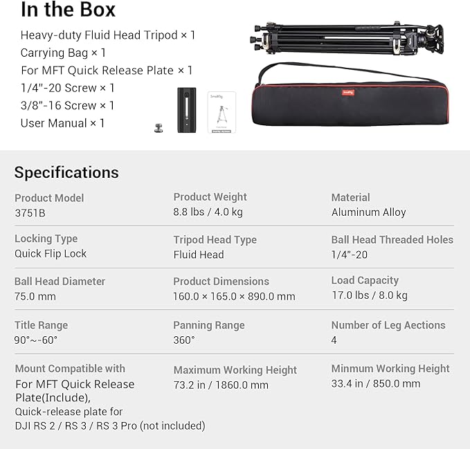 SmallRig AD-01 Video Tripod, 73" Heavy Duty Tripod with 360 Degree Fluid Head and Quick Release Plate for DSLR, Camcorder, Cameras 3751