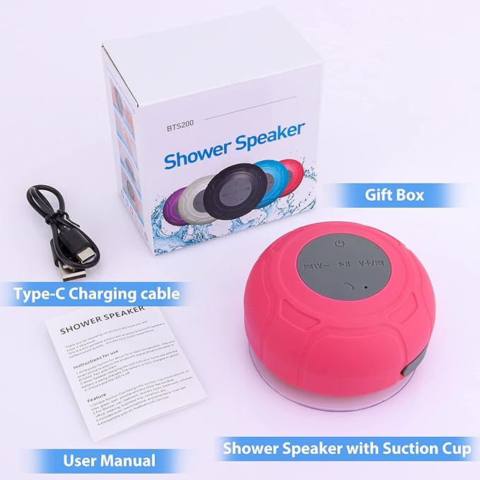 Waterproof Bluetooth Shower Speaker Portable Wireless Water-Resistant Speaker Suction Cup,Built-in Mic Gifts for Kids Speakerphone for iPhone Phone Tablet Bathroom Kitchen - Pink