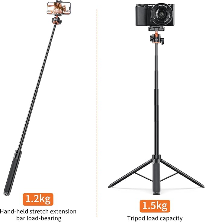 VRIG TP16 Camera Tripod, 55 inch Extendable Phone Selfie Stick Camera Tripod Stand with 2 in 1 Phone Clip, 5 Levels Adjustment 360° Ball Head Loads Up for Pocket 3 Insta360 X5 iPhone Sony Canon