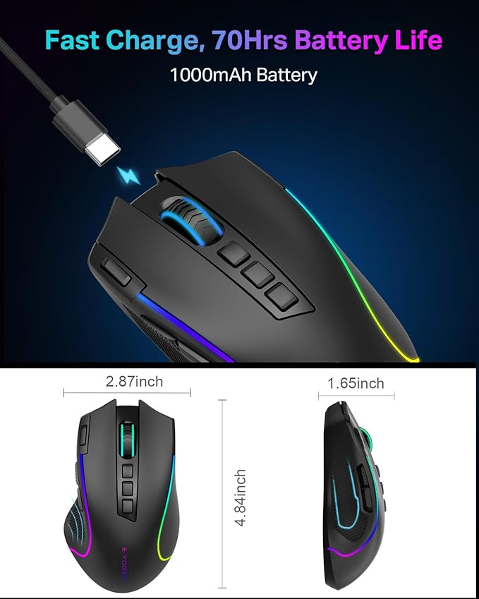 E-YOOSO Gaming Mouse, Tri-Modes Wireless/Bluetooth/Wired Rechargeable RGB Gamer Mouse with 2 Side Buttons, Rapid Fire Key, 8000 DPI, 6 Backlit Modes, 9 Programmable Buttons Macro