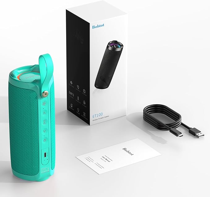 Bobtot Portable Bluetooth Speaker, IPX6 Waterproof Speaker with Punchy Bass, 15W Loud Sound, RGB, 15H Playtime, Dual Pairing for Party, Camping, Beach, Green