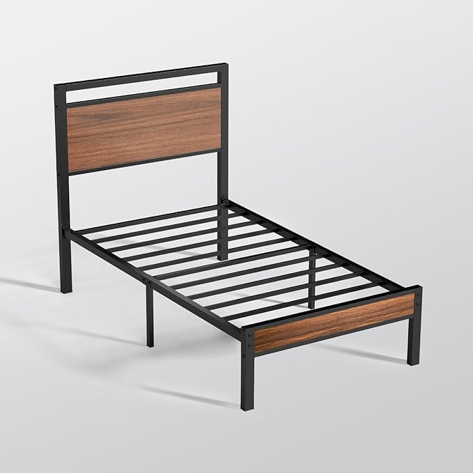 Z-hom Upgraded Twin Bed Frames, Heavy Duty Metal Sturdy Bed Frame Twin Size with Modern Wood Headboard & Footboard, Stable Platform Bed Furniture Bed Storage, No Noise, No Box Springs,Walnut