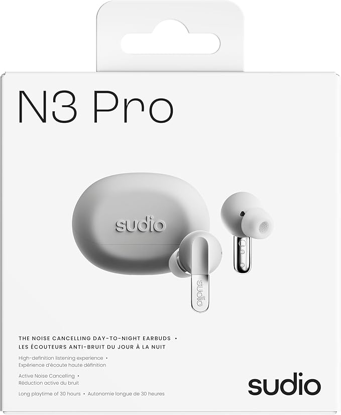 sudio N3 Pro Wireless Earbuds – Active Noise Cancelling (ANC), 30-Hour Playtime, Sweat & Splashproof, Eco-Friendly Design with Recycled Materials, Comfortable Fit, Premium Metallic Finish (White)