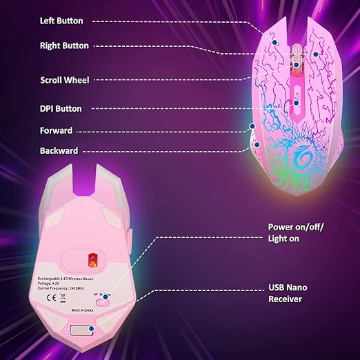 VersionTECH. Wireless Gaming Mouse, Rechargeable Computer Mouse Mice with Colorful LED Lights, Silent Click, 2.4G USB Nano Receiver, 3 Level DPI for PC Gamer Laptop Desktop Chromebook Mac-Pink