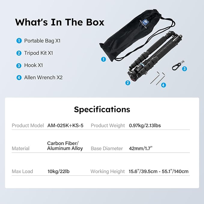 SIRUI Carbon Fiber Travel Tripod - Lightweight 55.1" Compact Tripod with 360° Panorama Ball Head, Quick Release Plate (AM-025K+KS-5)