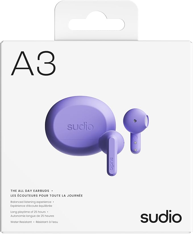 Sudio A3 All-Day Wireless Earbuds – 25H Playtime, Bluetooth 5.4, Sweat & Splashproof, Balanced Sound, Clear Calls with Enhanced Mics, USB-C Charging, Made from Recycled Plastics (Purple)