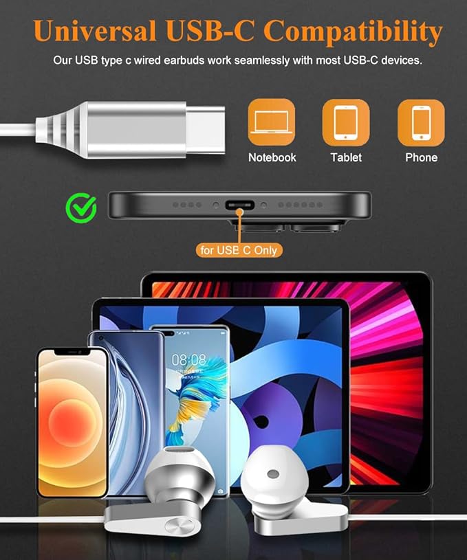 USB C Headphones, USB-C Magnetic Wired Earbuds HiFi Stereo Type C Earphones with Microphone Volume Control for iPhone 16 15 Pro Max Plus, iPad, Samsung Galaxy S25 S24 S23 Ultra, Pixel 9 8 7 and More