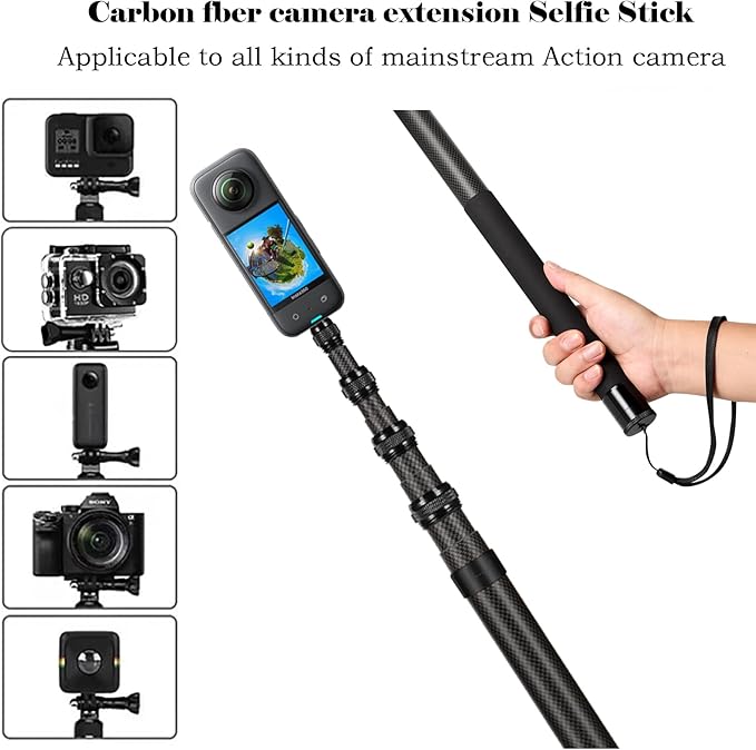 118"/3.0m Extended Long Invisible Carbon Fiber Selfie Stick for Insta360 x5 x4 Insta 360 x5 x4 x3 x2 x one rs Cameras (Black)