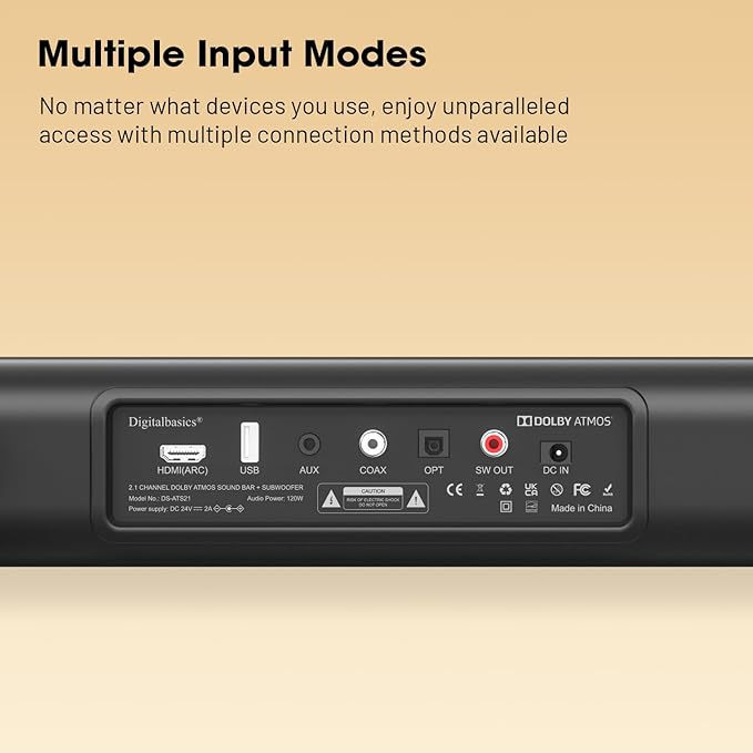 2.1CH Dolby Atmos TV Soundbar Speaker 5.3 Bluetooth 120W Output with 70W External Wired Subwoofer and Opt&AUX Cables,Deep Bass,Multiple Connection