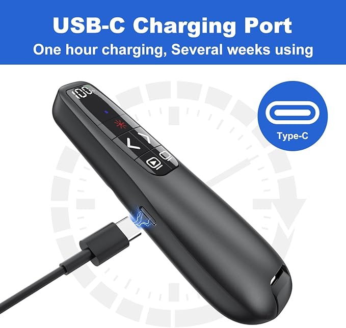 Rechargeable Presentation Clicker with Case, Power Digital Display Wireless Presenter Remote, USB C Red Light Pointer Computer PowerPoint PPT Clickers for Mac Laptop, Slideshow Google Slide Advancer