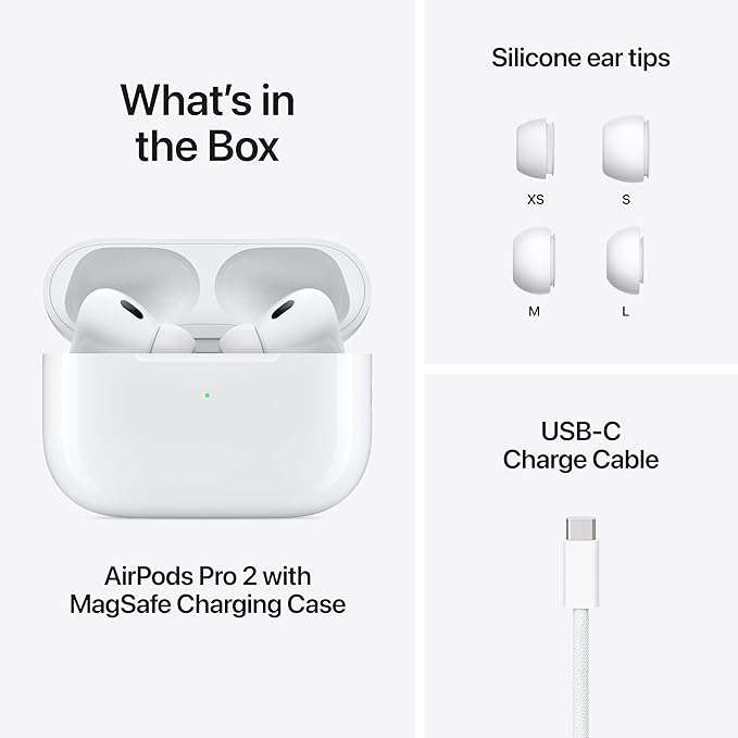 Apple AirPods Pro 2 Wireless Earbuds, Active Noise Cancellation, Hearing Aid Feature, Bluetooth Headphones, Transparency, Personalized Spatial Audio, High-Fidelity Sound, H2 Chip, USB-C Charging