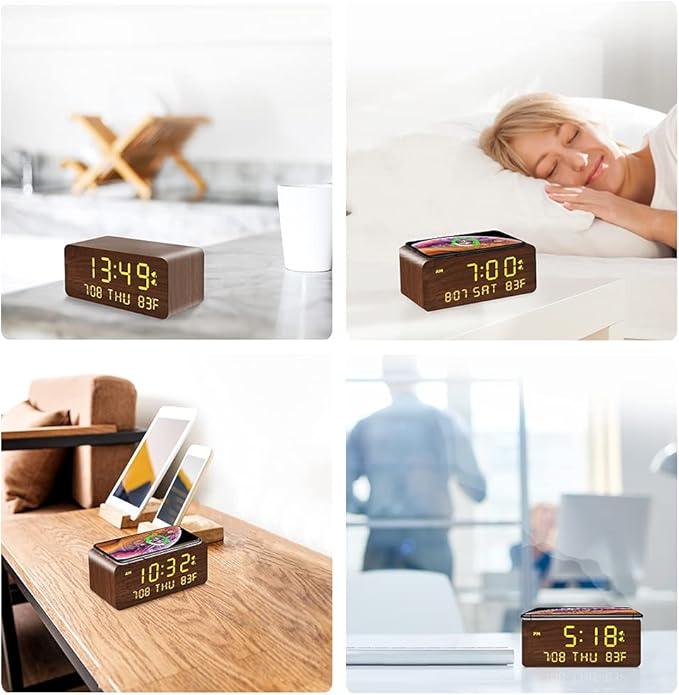 Andoolex Wooden Digital Alarm Clock with Wireless Charging, 0-100% Adjustable Brightness Dimmer and Alarm Volume, Weekday/Weekend Mode, Dual Alarm, Snooze, 12/24H, Wood LED Clock for Bedroom (Brown)