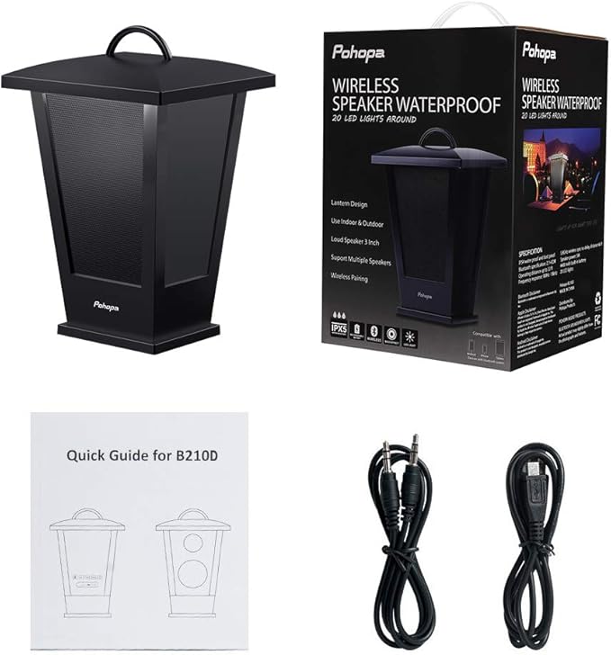 pohopa Bluetooth Speaker Waterproof, Portable Outdoor Wireless Speaker with LED Strip Lights Around, Support 2 or More Speakers 5.8Ghz Pairing Sync Shared Audio,Lantern Design Black