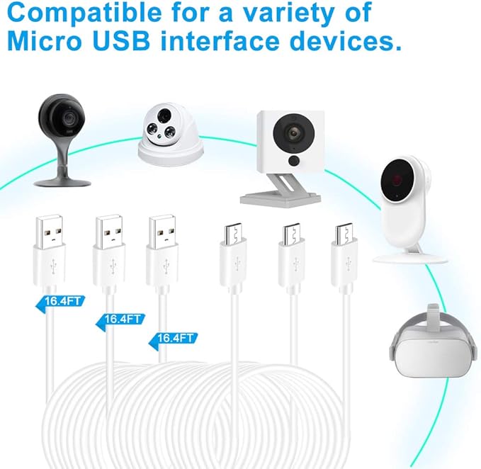 SIOCEN 3 Pack 16.4FT Micro USB Power Extension Cable for Wyze Cam V3,WyzeCam Pan,Yi Camera,Oculus Go,Eufy,Echo Dot Kid Edition,Nest Cam,Netvue,Blink,Furbo Dog,Kasa,Home Security Camera Charging Cord