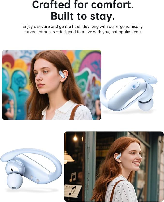 NDO Wireless Bluetooth Earbuds Earhook Sport Headphones with 48H Playtime, ENC Mic IPX7 Waterproof Fast Charging,Lightweight Design for Active Lifestyle,Gift for Teens or Fitness Lovers-Sky Blue