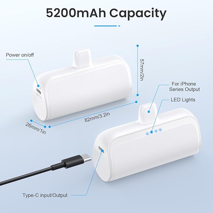 Mini Portable Charger Power Bank for iPhone,5200mAh Portable Phone Charger, Ultra-Compact PD Fast Charging Battery Pack Compatible with iPhone 14/14 Plus/Pro Max/13/12/12 Mini/11/XS/XR/X/8/7/6/6s