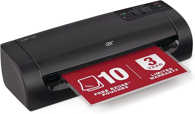GBC Thermal Laminator Machine, Fusion 1100L, 9 Inch, 4 Min Warm-up, 3 or 5 Mil, with 10 EZUse Laminating Pouches (1703074)