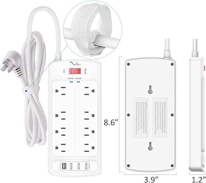 6FT Surge Protector Power Strip, Nuetsa Extension Cord with 8 Outlets and 4 USB Ports, 6 Feet Power Cord (1625W/13A), 2700 Joules, ETL Listed, White