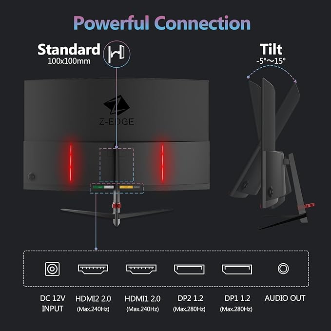 Z-Edge 27 inch Curved Gaming Monitor, FHD 1080P 280Hz Curved 1500R Computer Monitor, Ultra-Fast MPRT 1ms Monitor, 350nits, 16.7M Colors, 4000:1 Contrast, UG27P 2X DP 1.2 Ports and 2X HDMI 2.0 Ports