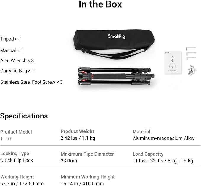 SmallRig T-10 Camera Tripod, 68" Foldable Aluminum Tripod & Monopod, Compatible with 1/4"-20 and 3/8"-16 Video Head, Payload 33lb, Adjustable Height from 19.7" to 67.7" for Camera, Phone - 3983
