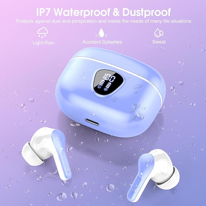 Wireless Earbuds, Bluetooth 5.4 Headphones HiFi Stereo, Bluetooth Earbuds with ENC Noise Cancelling Mic, IP7 Waterproof in Ear Earphones, 48H, LED Display Ear buds for Pad Workout Sports, White Purple