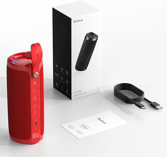 Bobtot Portable Bluetooth Speaker, IPX6 Waterproof Speaker with Punchy Bass, 15W Loud Sound, RGB, 15H Playtime, Dual Pairing for Party, Camping, Beach, Red