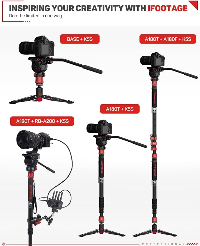 IFOOTAGE 71" Lightweight Travel Monopod with Feet, Aluminum Camera Monopod, Compatible with Sony, Canon, Nikon DSLR Cameras, Payload up to 17.64 lbs/5 KG, Cobra 3 A180T