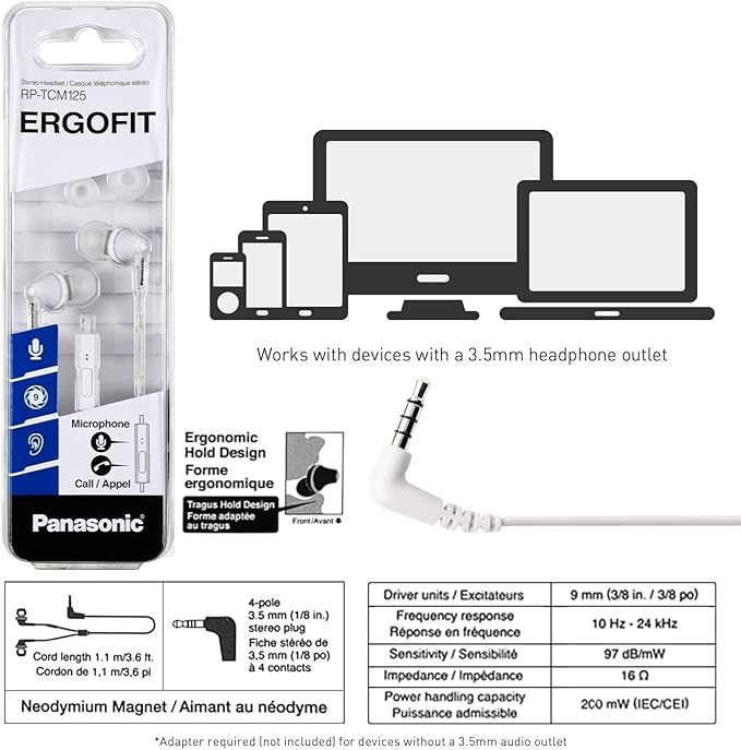 Panasonic ErgoFit Wired Earbuds With Microphone, 3.5mm Jack Wired Headphones with Mic and Call Controller, Ergonomic Custom-Fit Earpieces (S/M/L), for Phones and Laptops - RP-TCM125-W (White)
