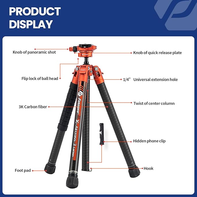 Fotopro Carbon Fiber Tripod 1.7lbs Ultralight 62 Inch Portable Compact Travel Tripod for Camera DSLR Load up to 22lbs X-Aircross 3 Lite Orange