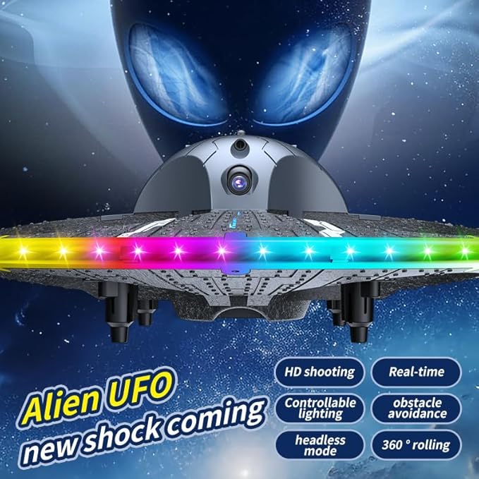 Round Foam RC UFO Drone with Camera, Multi-Color LED Lights (Color Switching), 360° Flips, Speed Adjustment, Remote Control Plane Helicopter, One-Key Takeoff/Landing, Beginner-Friendly FPV Quadcopter Airplane (Silvery)