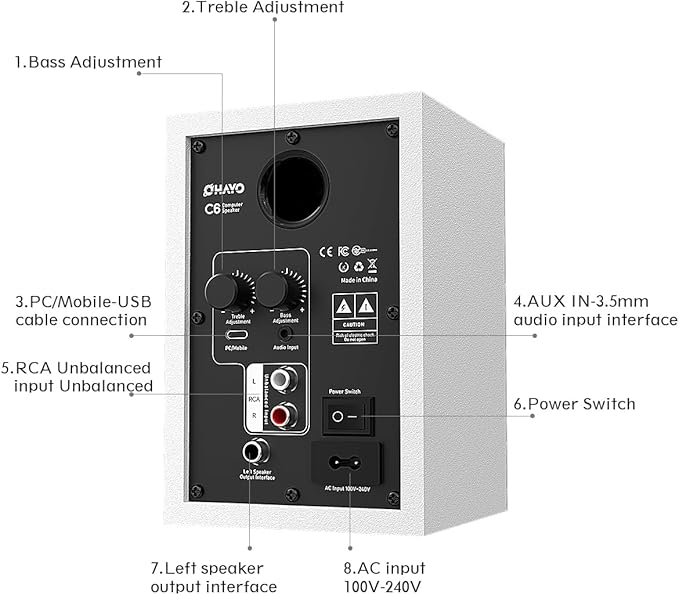 OHAYO 60W Computer Speakers for Gaming and Music, Active Bluetooth 5.3, Stereo 2.0 Speakers for Desktop PC Monitor or Laptop, Surround Sound Speaker, 3.5 mm Aux RCA Input, USB-Powered, 1 Pair, White
