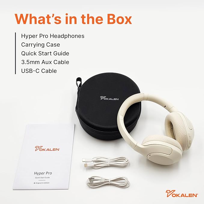 VOKALEN Hyper Pro Adaptive Active Noise-Cancelling Wireless Headphones, Bluetooth Over-Ear with Mic, 60H Playtime, Hi-Res Audio, Deep Bass, Custom EQ (Ivory White)