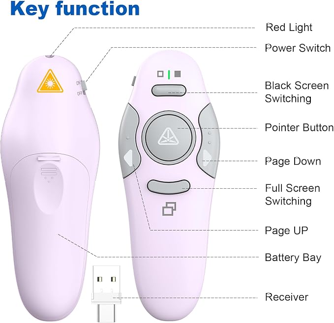 QUI Presentation Clicker Wireless Presenter Remote Clicker for PowerPoint Presentation Remote, PowerPoint Slide Advancer for Mac/Windows/Linux, Google Slide/PPT/Keynote, Type-c Purple